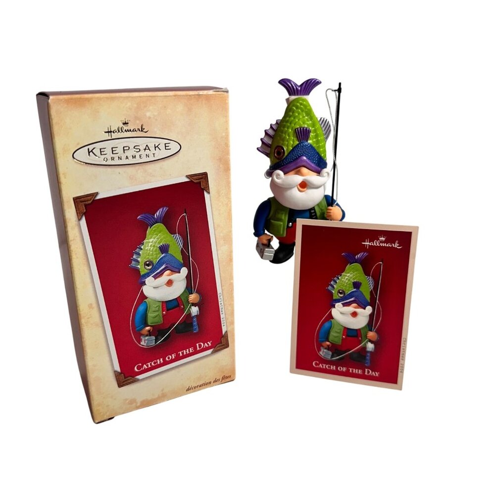 Vintage Hallmark Christmas Ornament 2004 Catch Of The Day Fishing Santa Figurine